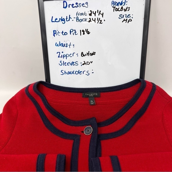 Talbots Cardigan Sweater Red Navy Trim 3/4 Sleeve Pockets Heavy Knit Size Med P - Picture 7 of 12